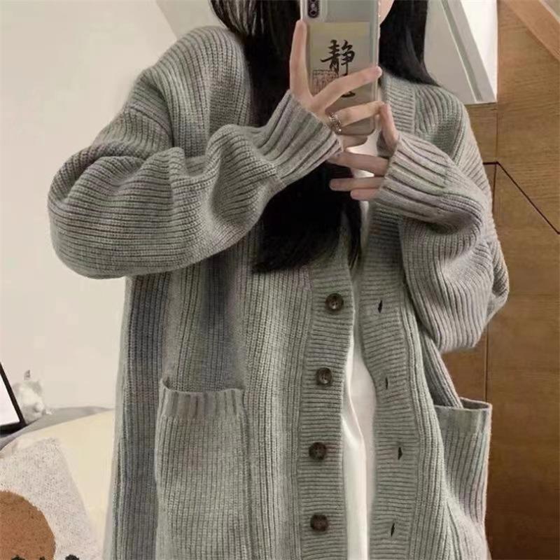 Loose and versatile and thin sweater with women's autumn and winter new solid color soft waxy casual knitted cardigan top