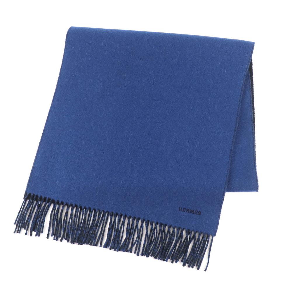 Great HERMES Scarf Recto Verso Embroidered logo and fringe scarf cashmere mens Used