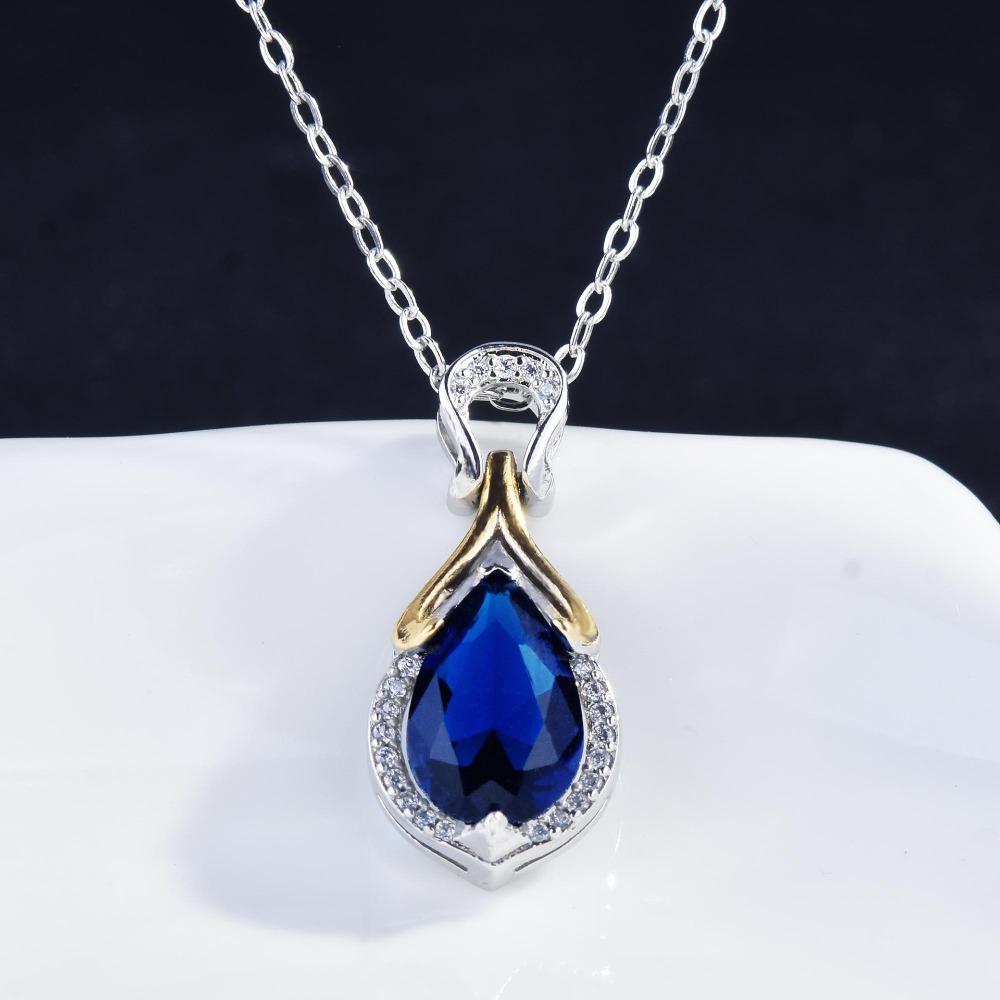 Mermaid Tears Pendant Necklace Dual Tone Plating Blue Sapphire Gemstone Jewelry for Women