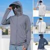 Men Summer Sun Protection Clothing Hooded Drawstring Long Sleeve UV Protection Coat Solid Color Zipper Placket Anti-UV Fishing Clothing