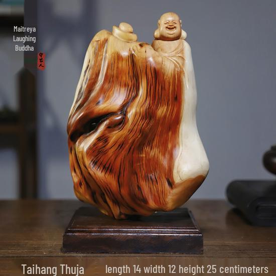 Intaglio Radice di Legno di Cipresso di Scogliera: Ornamento Daruma Maitreya Buddha in Legno Massello in Zafferano Dorato e Legno di Rosa Nanmu.