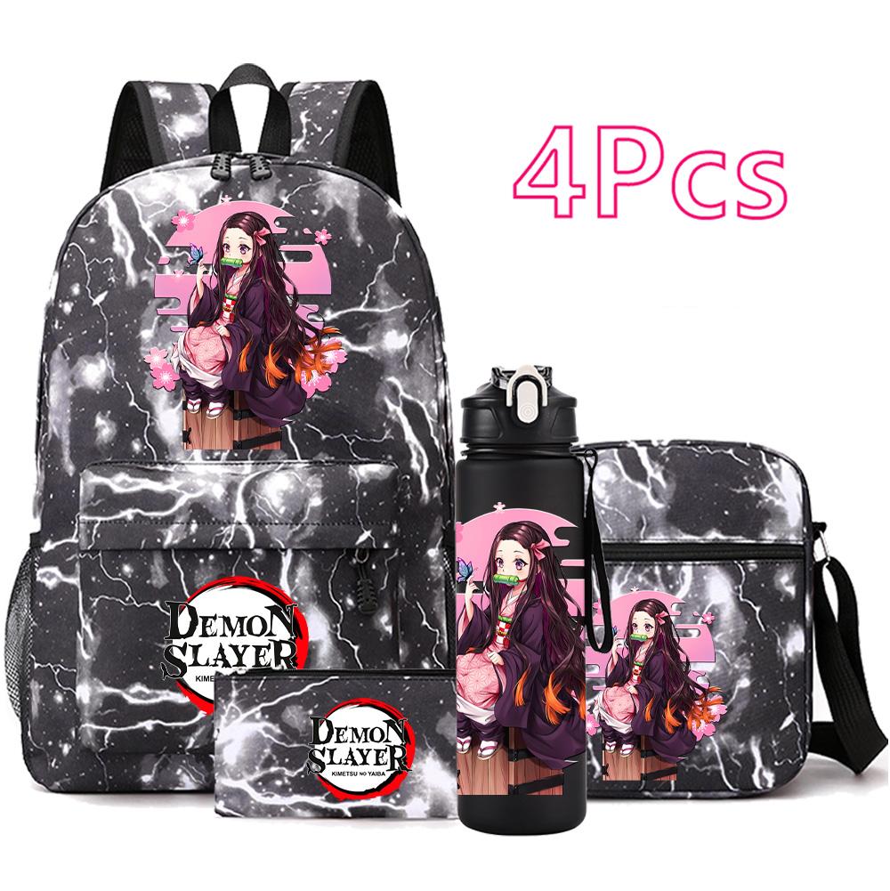 4 Pezzi/set Zaino Stampato Anime Demon Slayer con Borraccia da 750 ml per Adolescente Studente Ragazza Ragazzo Grande Capacità Impermeabile Borsa per Libri Regalo