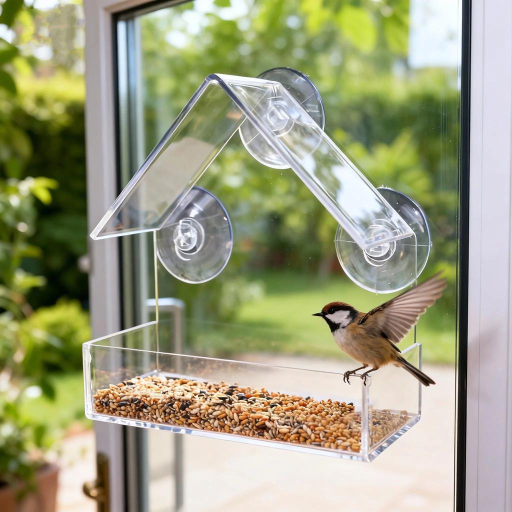 Comedero de Pájaros Acrílico con Ventana Transparente Colgante Exterior Casa Comedero para Pájaros con Ventosa para Jardín Exterior Patio Trasero Vida Silvestre Observación de Pájaros