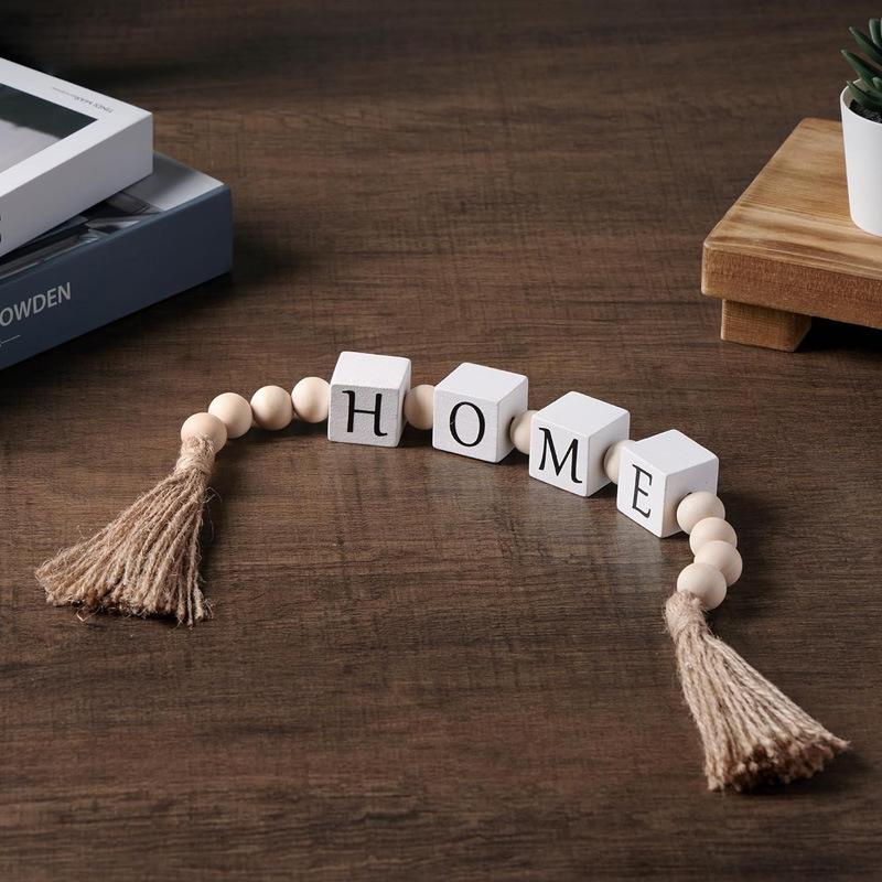 1Pc Wooden Bead Tassel String Square Letter Wooden Bead Home Decor Vintage Tassel Wooden Bead Decoration Home Family as the picture