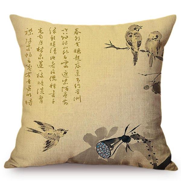 Chinese Style Vintage Ink Painting Lotus Pattern Throw Pillow Cover Classical Luxury Cushion Cover Sofa Decoration Pillowcase