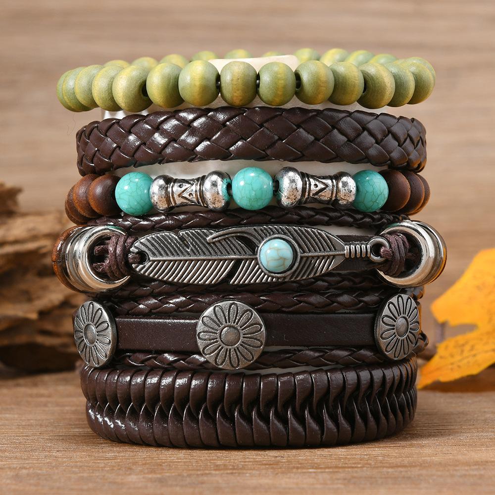 Leather Bracelets for Men Women Handmade Wrap Woven Cuff Bracelets Wooden Beaded Bracelets Vintage Ethnic Tribal Wristbands Bracelet Set Adjustable