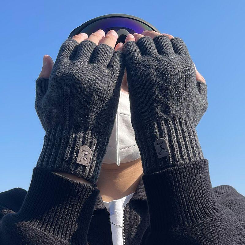 

Half Finger Gloves Men s Open Finger Winter Half Finger Cycling and Driving Thickened Wool Knitting Leakage Finger Cold-Proof Heattech Dark gray-Antler Labeling Half Finger All yards