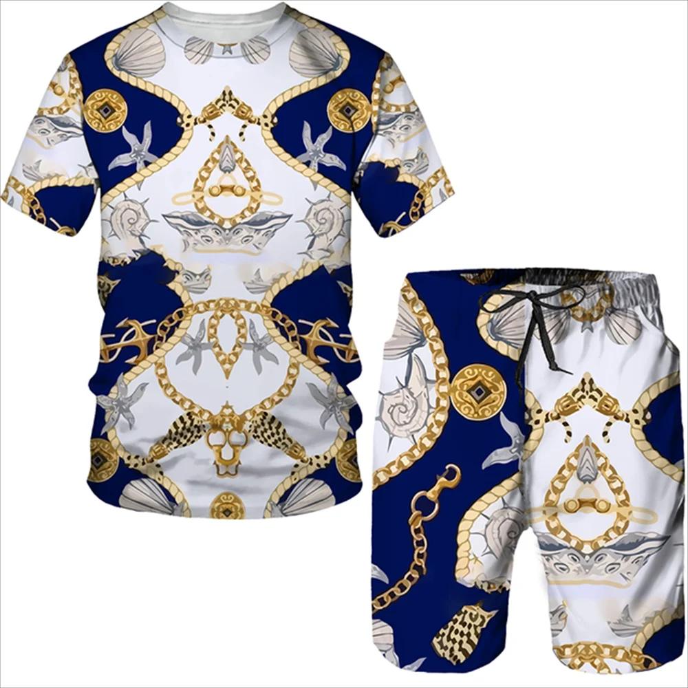 Summer 3D Printed T-shirt Shorts 2-Piece Set Casual Luxury Vintage Gold Pattern Men's Sports Suit 2024 Street Fashion Men's C