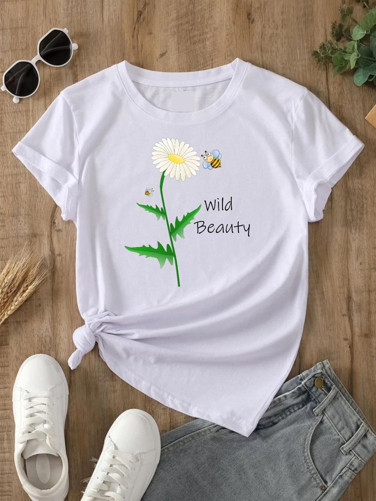 Wild Beauty Flower T- Shirt Floral Bee Daisy Organic Cotton Women Shirt Top Tee M
