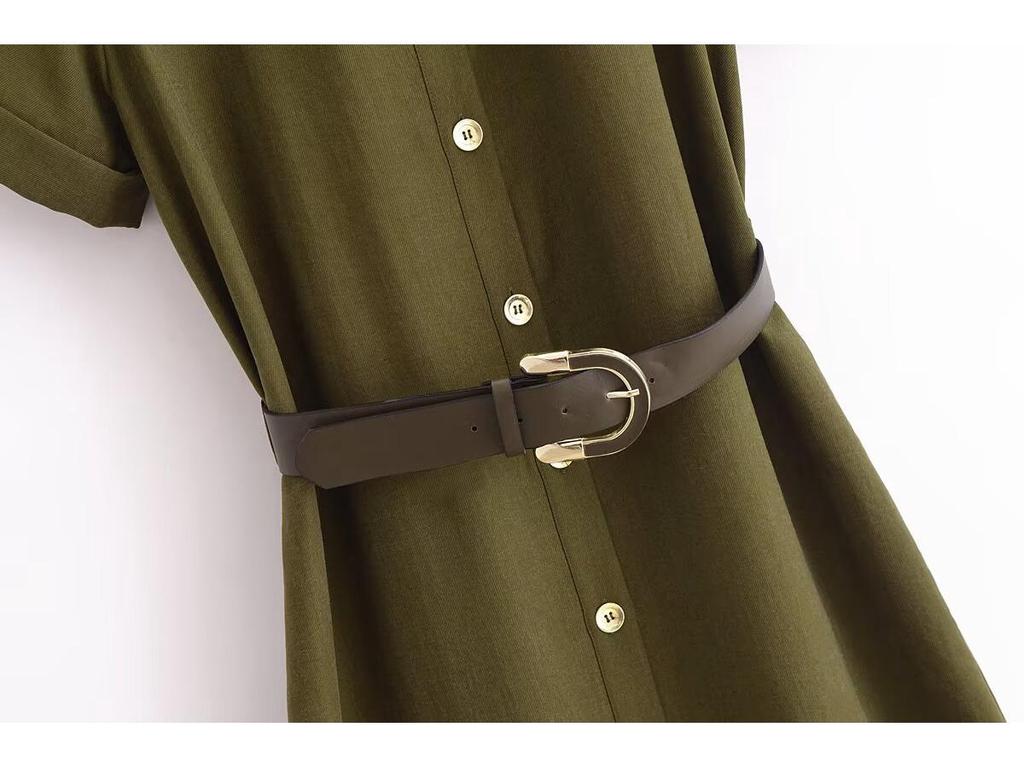2025 Spring Women's European & American Style Belted Short Sleeve Turn-Down Collar Dress