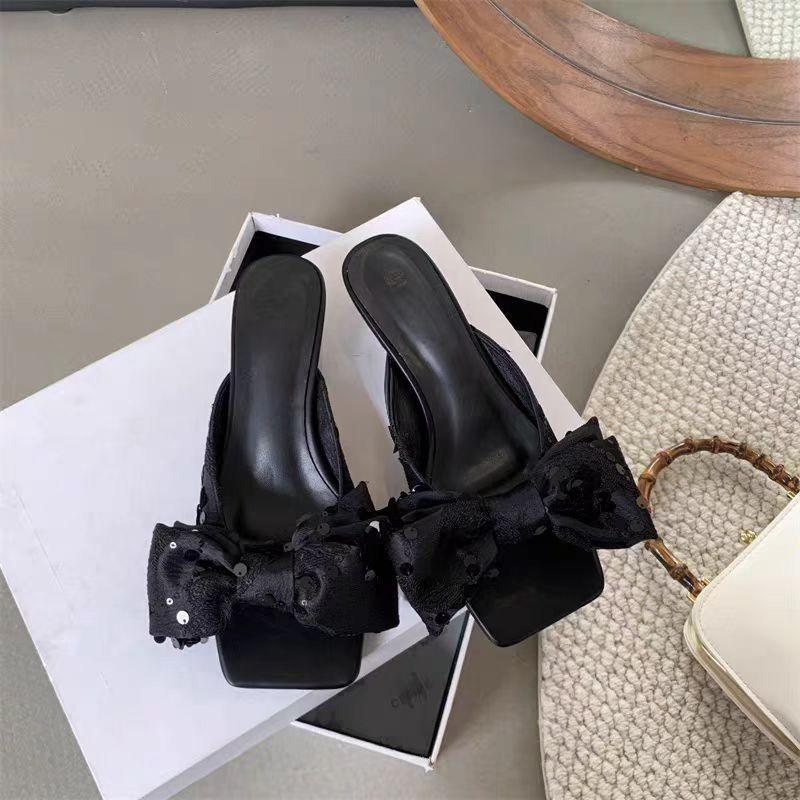 Fashion New Chinese Style Printed Bow, Square Head, Thin Heel, Middle Heel, Cool Drag High Heels