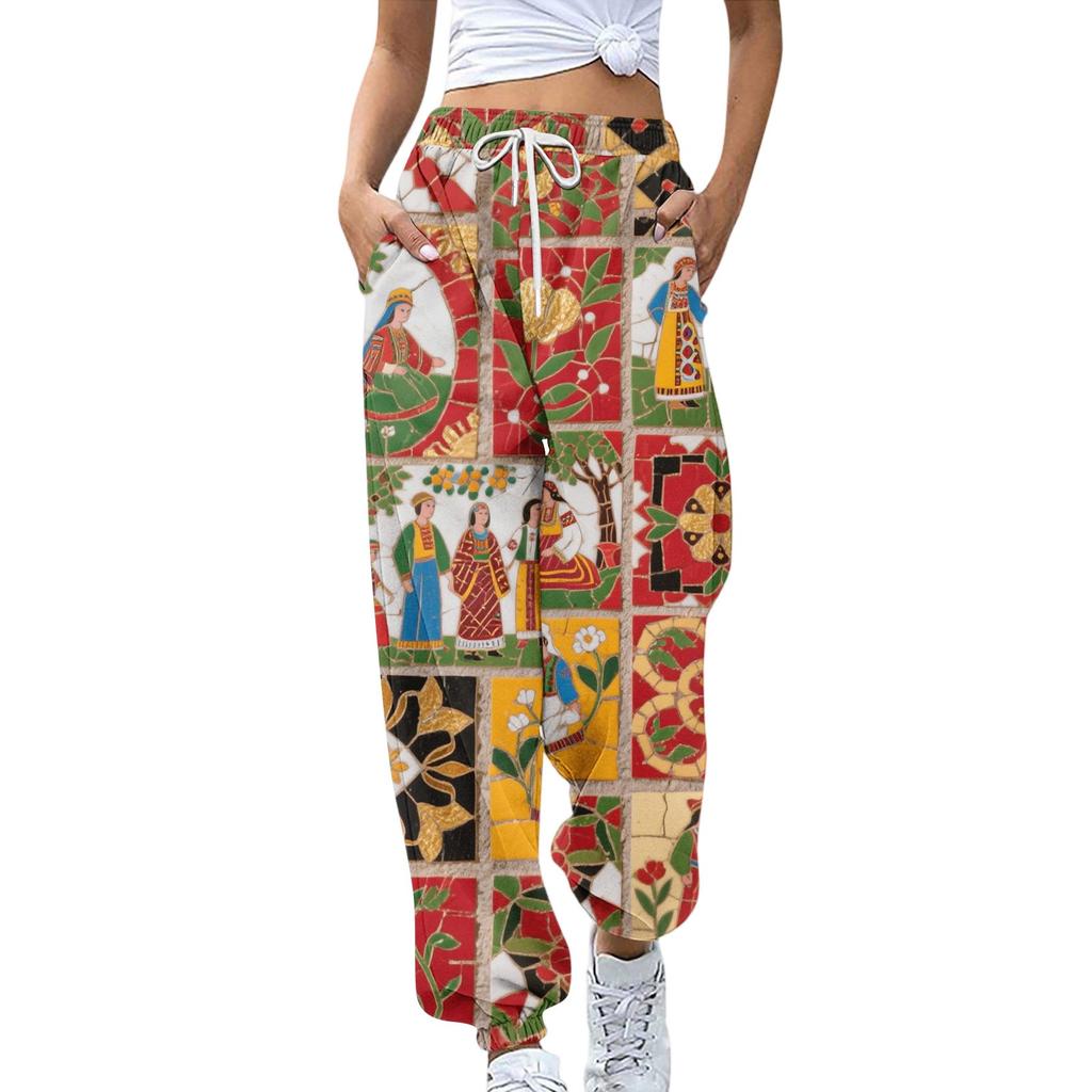 Women's Sports Pants With Pockets Fashion Floral Print Elastic Waist Pants Casual Sweatpants Pants