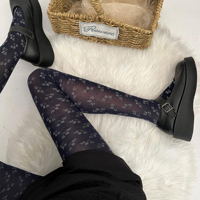 Women Japanese Style JK Vintage Floral Pattern Tights Winter Fall Sweet Girl Jacquard Silky Pantyhose Stockings Leggings