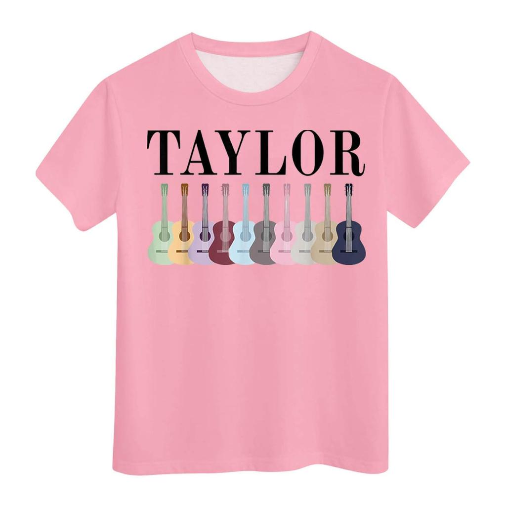 Summer Round Neck 3D Guitar Printed Top Fashionable Casual Short Sleeved Children's Girl T-shirts