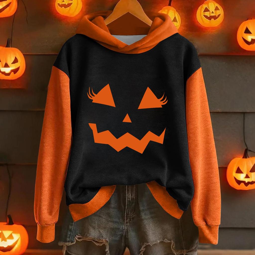 Ladies' Casual And Fashionable Halloween Printed Long Sleeved Hooded Warm Shirt Loose And Comfortable Hoodie