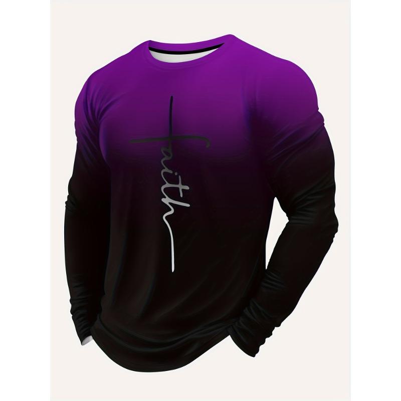 Autumn Round Neck Color Block 'Faith' Graphic 3D Printed T-shirts Fashionable Casual Long Sleeved Men's T-shirts