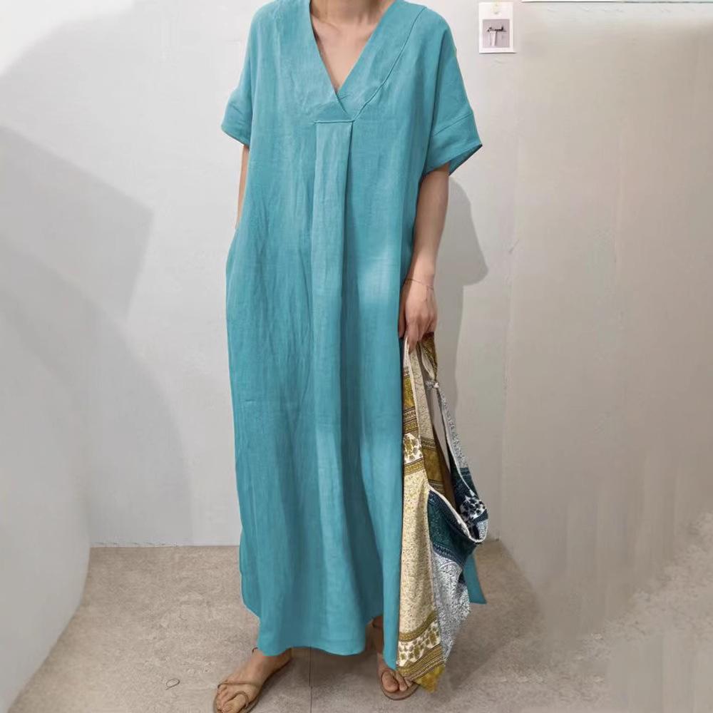

V-Neck Linen Blend Dress-Casual Short Sleeve Solid Color Retro Maxi Dress, Relaxed Fit Breathable Women s Sundress with Pocket, Boho Outfit XXXL темно-синього кольору