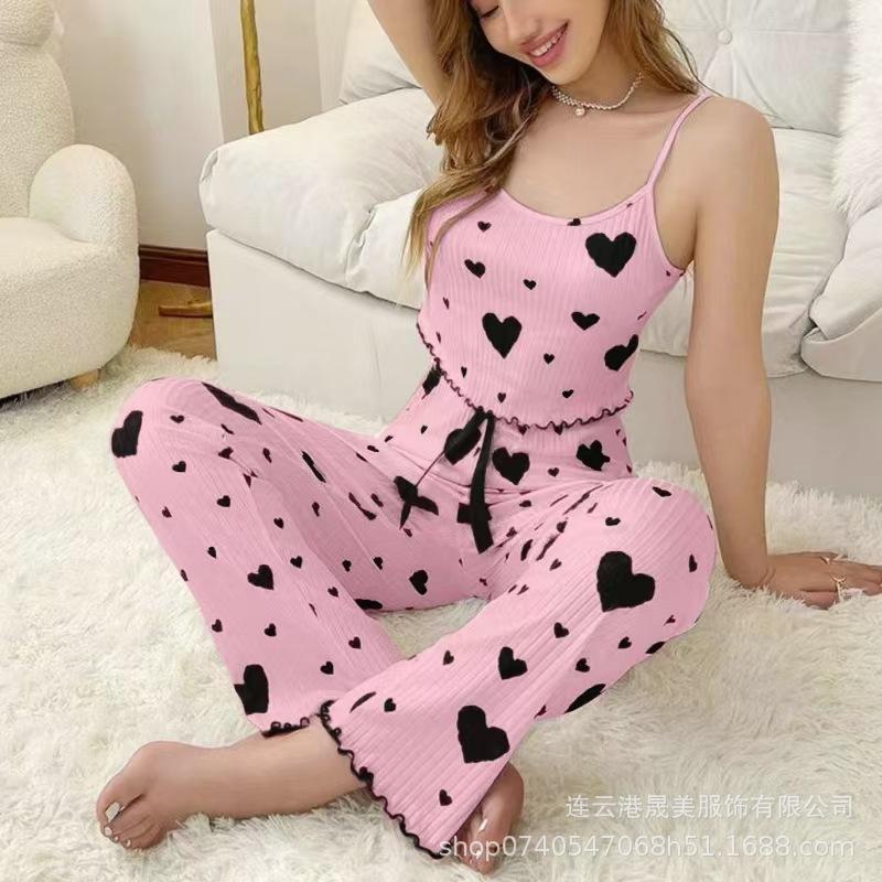 Popular European and American hot-selling loungewear pit strip love vest pajamas women can wear trousers two-piece set