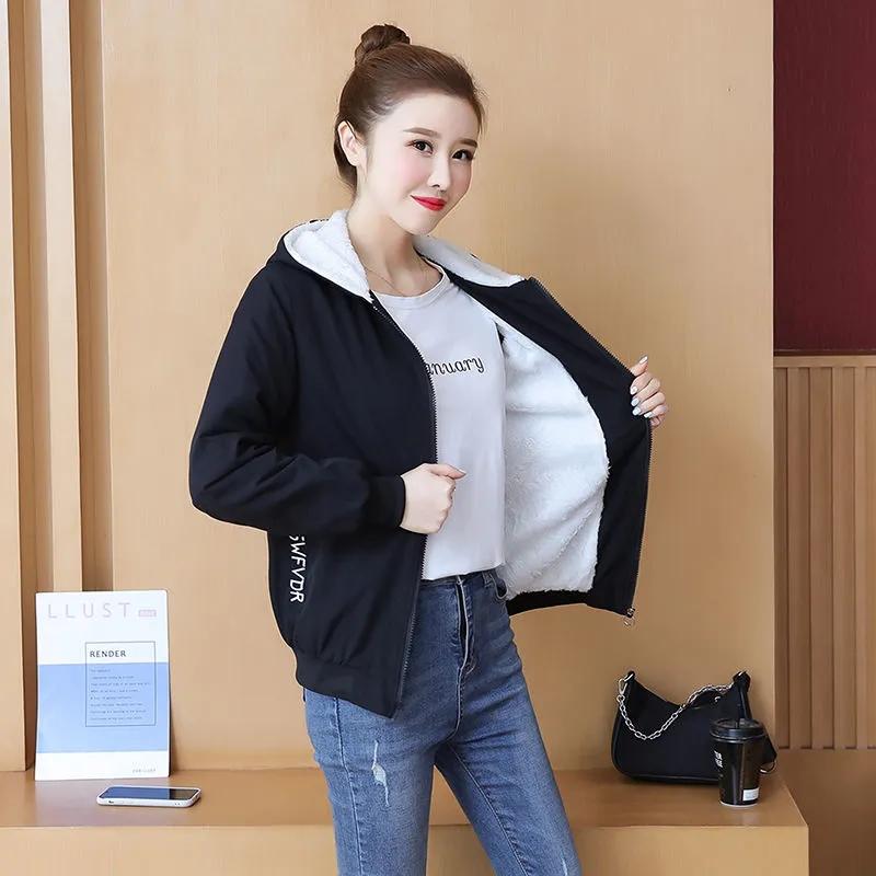 

Флисовая утолщенная куртка с капюшоном, осенне-зимняя теплая куртка, женская свободная универсальная спортивная куртка M чёрный