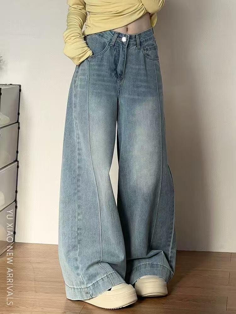 

Джинсы больших размеров с высокой талией в стиле ретро с широкими штанинами для женщин - Утягивающие свободные брюки прямого кроя 2XL синий