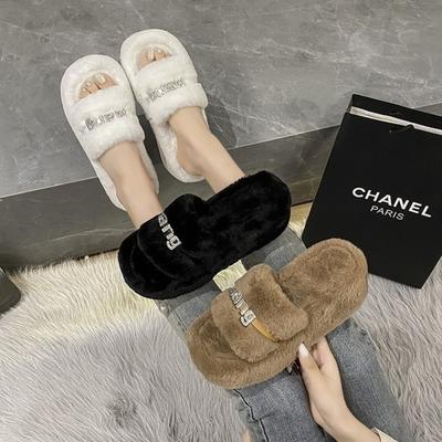 Mode Maison Fourrure Fourrure Diapositives Pantoufles en Peluche Tongs Moelleuses Luxe À Enfiler Plateforme Chaussure Mode Femme 2024 Zapato De Mujer Créateur