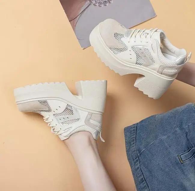 Modă 10CM Plasă Aer Microfibră Piele Naturală Platformă Pană Adidași Groși Gol High Brand Vară Femei Sandale Pantofi cu Toc Ascuns