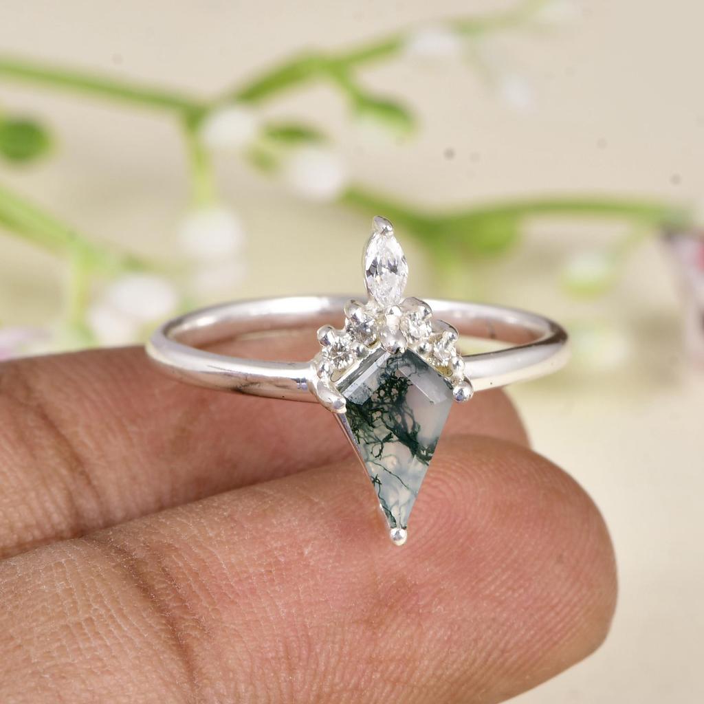 Vintage Moss Agate Promise Ring with CZ Halo | Nature Inspired Sterling Silver Ring | Moss Agate & Cubic Zirconia Engagement Ring