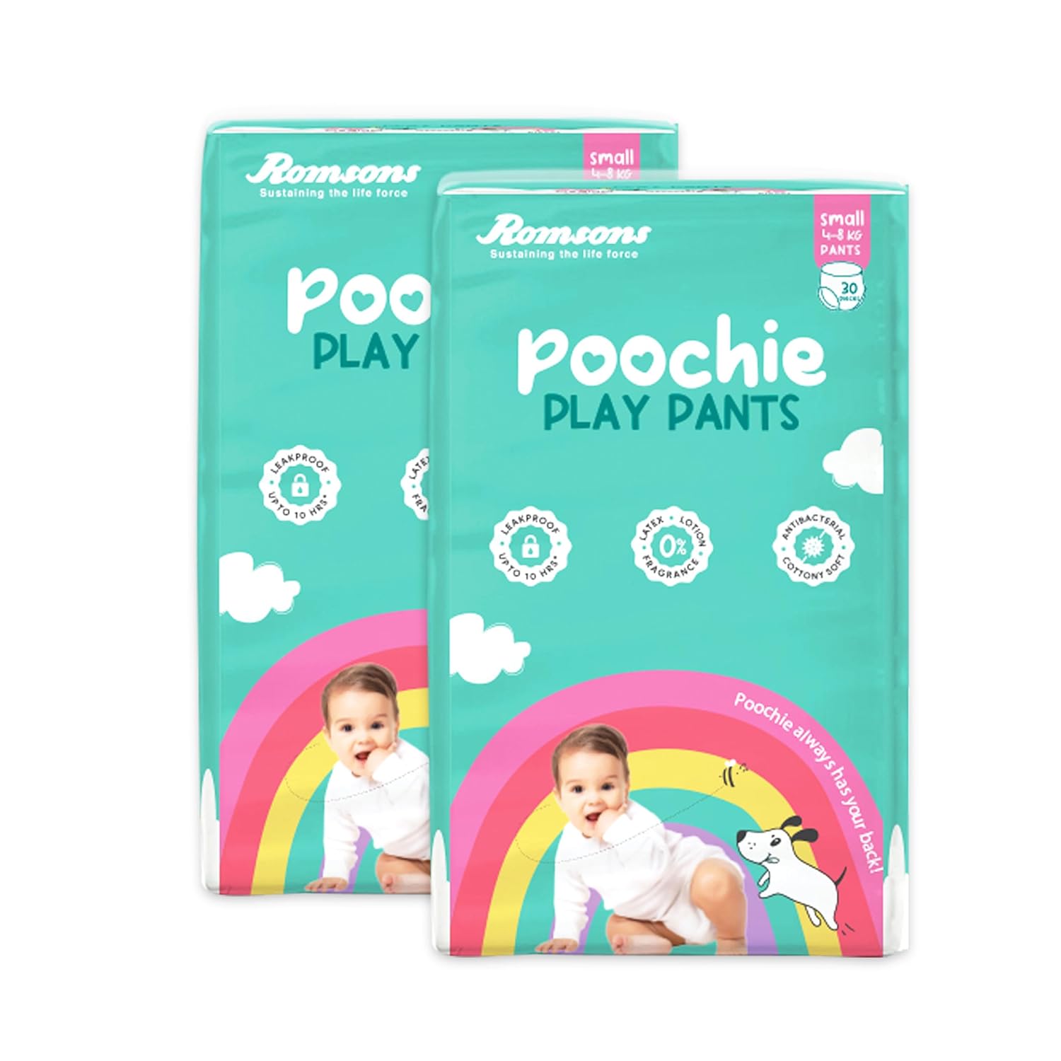 

Romsons Poochie Play Pants Baby Diaper | Small Size | Leakproof Protection for up to 10 Hours | 360° Comfort Fit | Suitable for 4-8 KG | Pack of 2