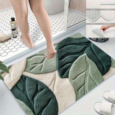 Badematte mit grünem Blattmuster, maschinenwaschbar - Ideal für Küche, Eingangsbereich und Duschdeko - Einzugsgeschenk, Badezimmer-Küchenzubehör