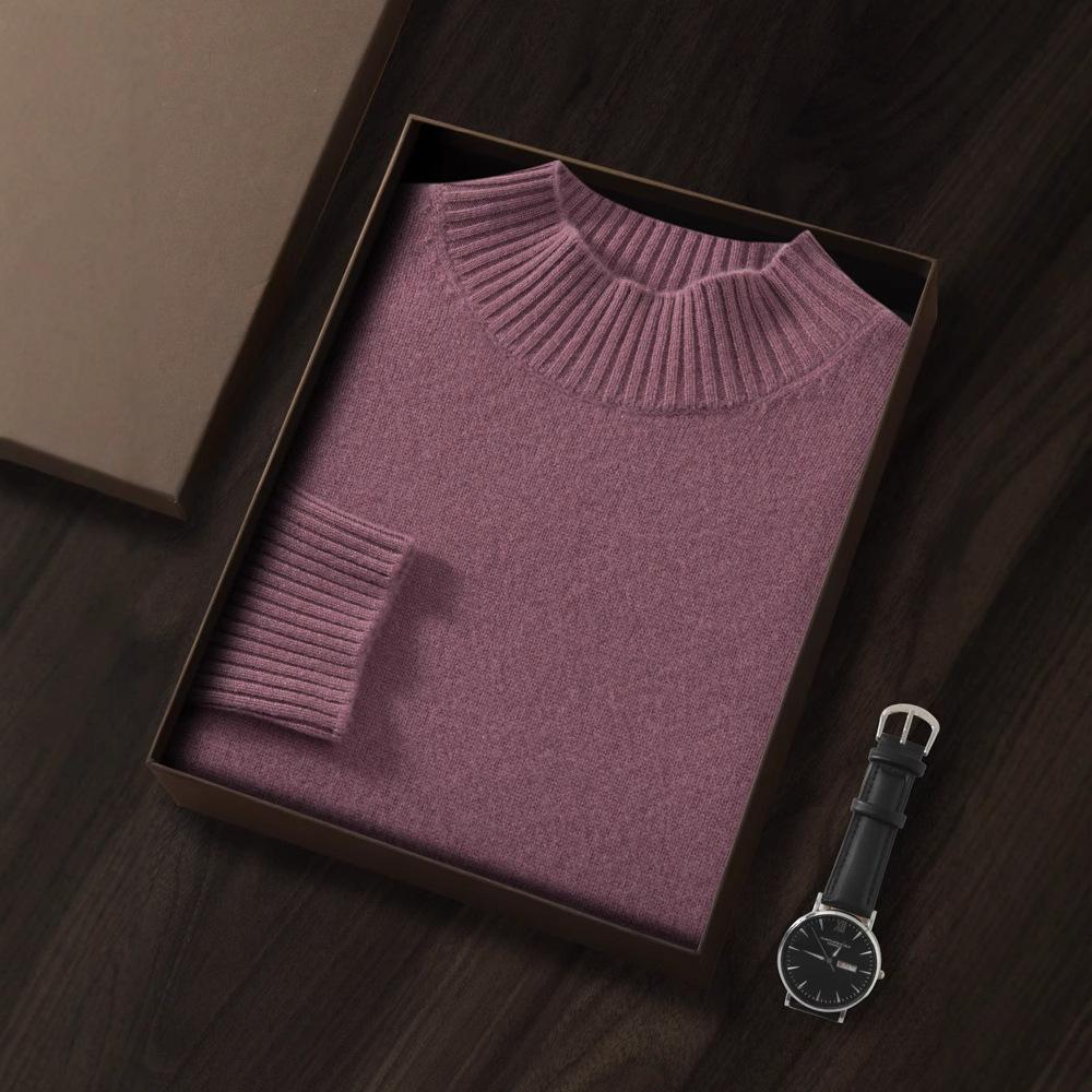 Semi-turtleneck cashmere sweater men's double-strand thickened solid-color sweater loose-knit wool
