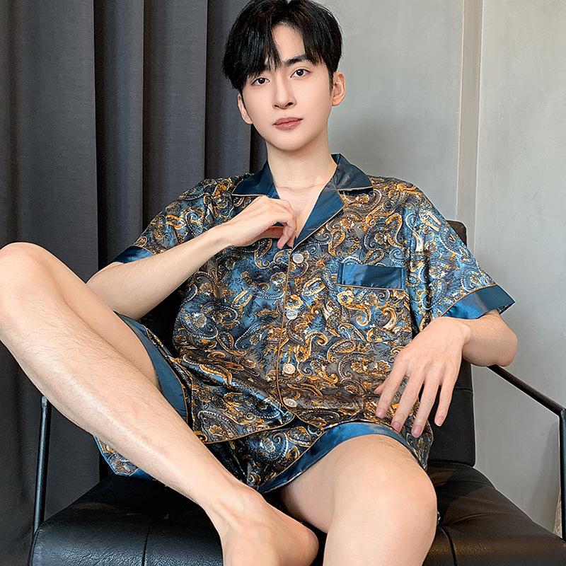 Men Long Sleepwear Pajamas Trousers Sleeve Short Sleeve Shorts Men Pijama Sleep Printed Silk Satin Pajamas For Men Sets