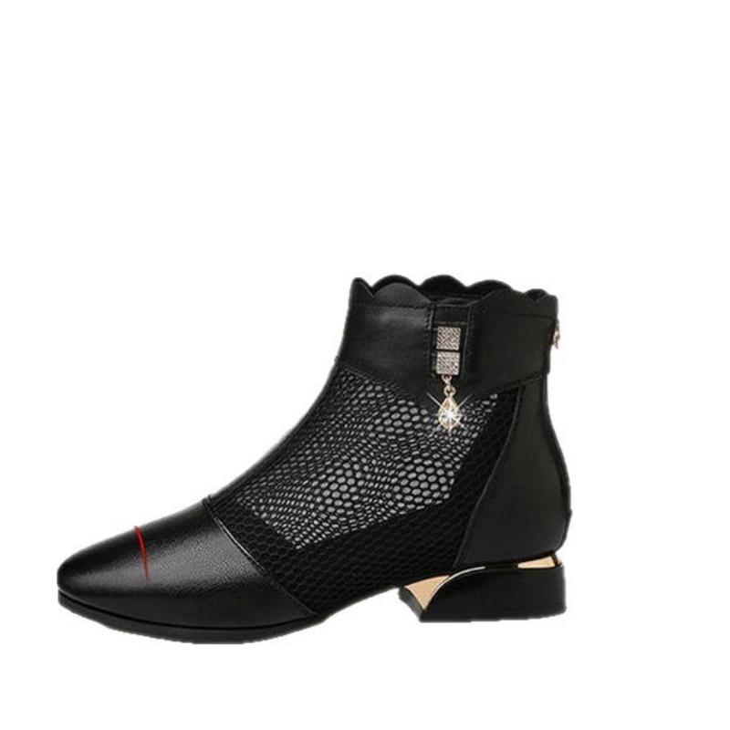Real Soft Leather Mesh Cool Boots New Spring and Summer Middle Heel Breathable Soft Sole Low Heel Non-slip Round Head Thick Heel Sandals Women