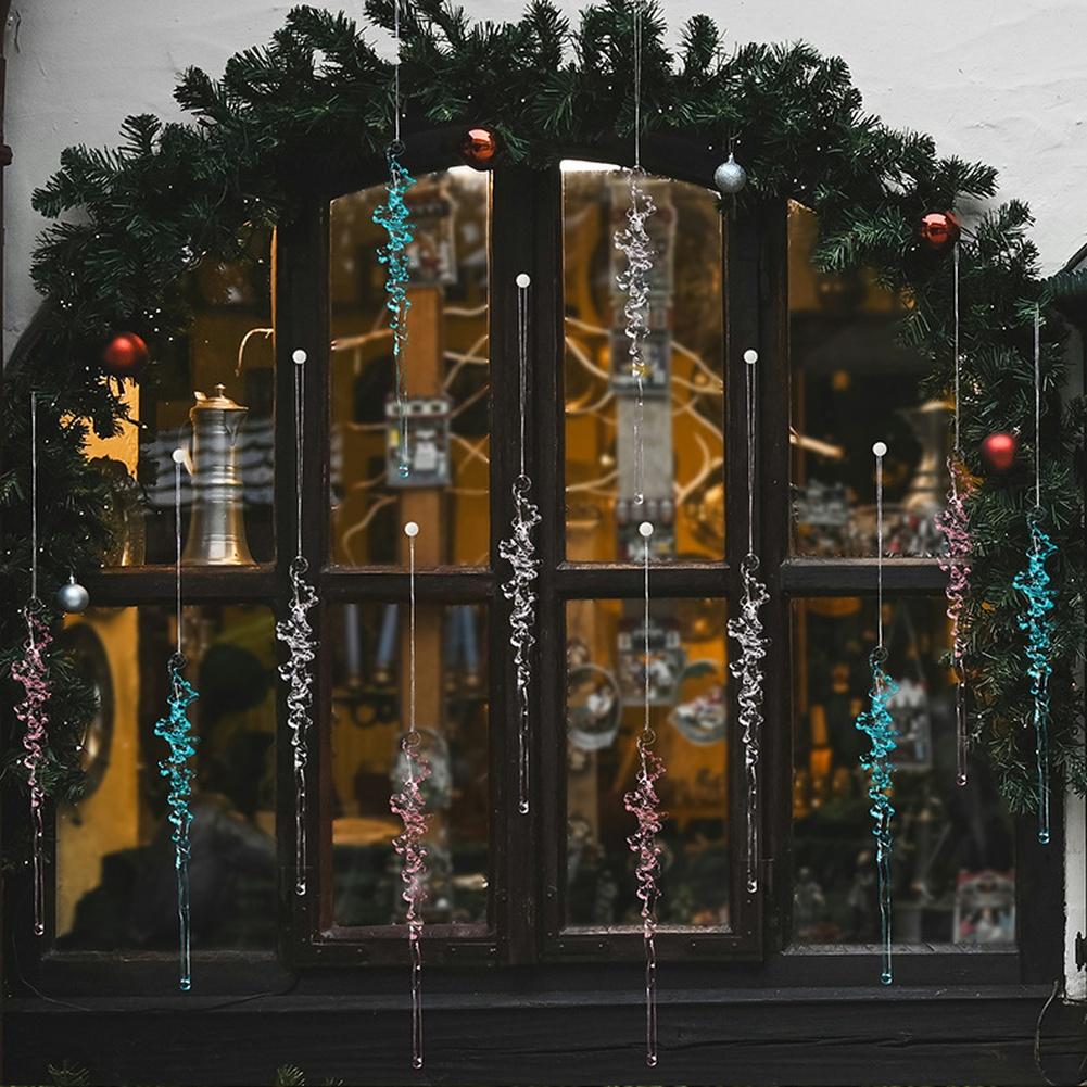 12pcs Acrylic Icicle Christmas Tree Hanging Ornaments Set For Festive Holiday Seasonal Decoration, Pink Blue Transparent