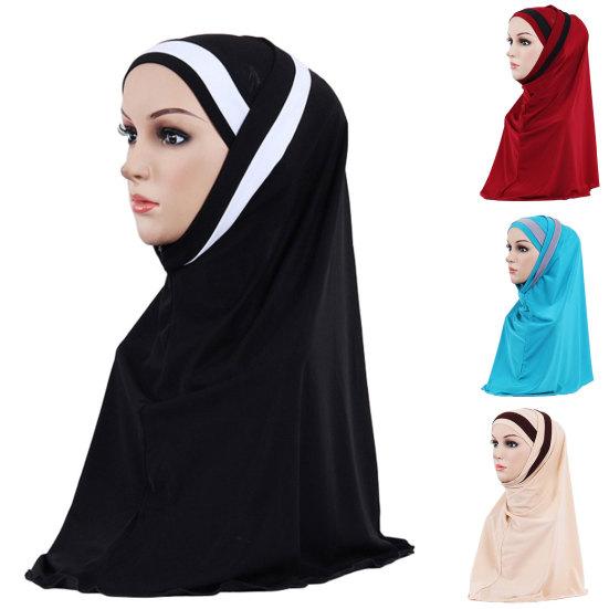 Women Color Block Muslim Soft Hijab Wrap Polyester Islamic Scarf Cap Headwear