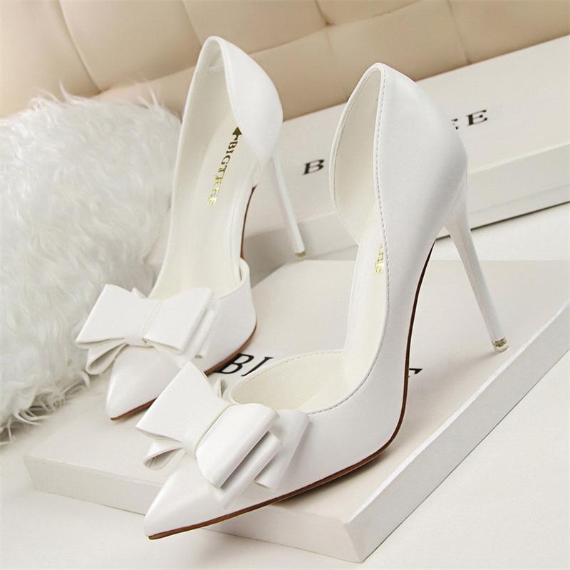 Fashion Delicate Sweet Bow knot Thin High Heel Shoes Side Hollow Women Pumps Pointed Toe Shallow Mouth Dress Single Shoes