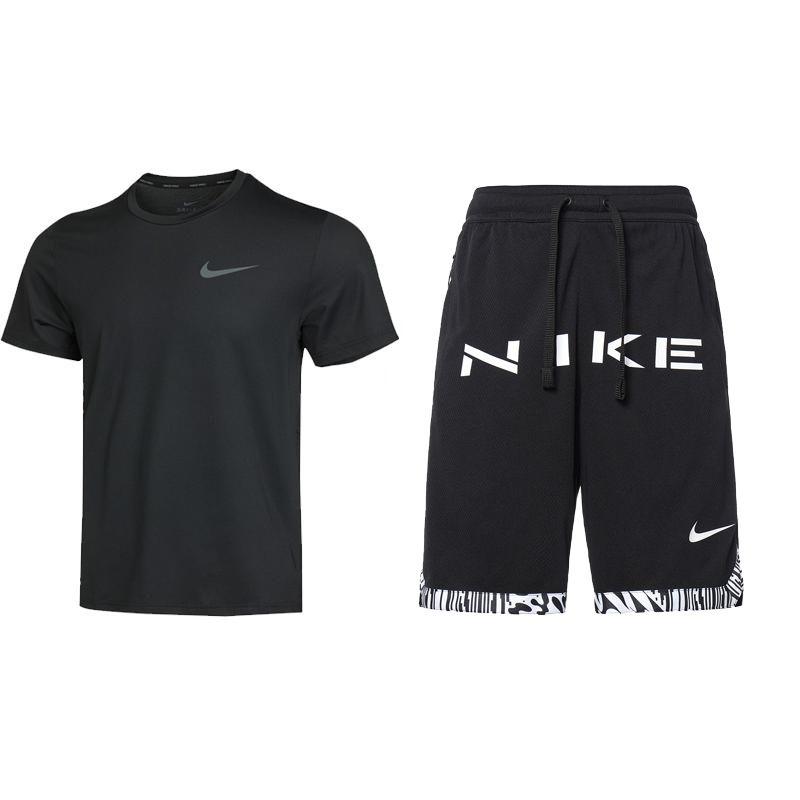 

Nike Футболка с коротким рукавом и круглым вырезом с принтом логотипа и шорты с завязками на высокой талии, повседневный спортивный комплект для мужчин, черный цвет CZ1182-011+FJ7229-010 M