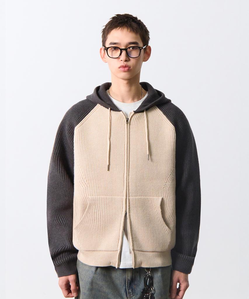 Dimiteulibeullaeg 2Way Raglan Two-Tone Knit Zip-Up Hoodie_Oatmeal & Charcoal