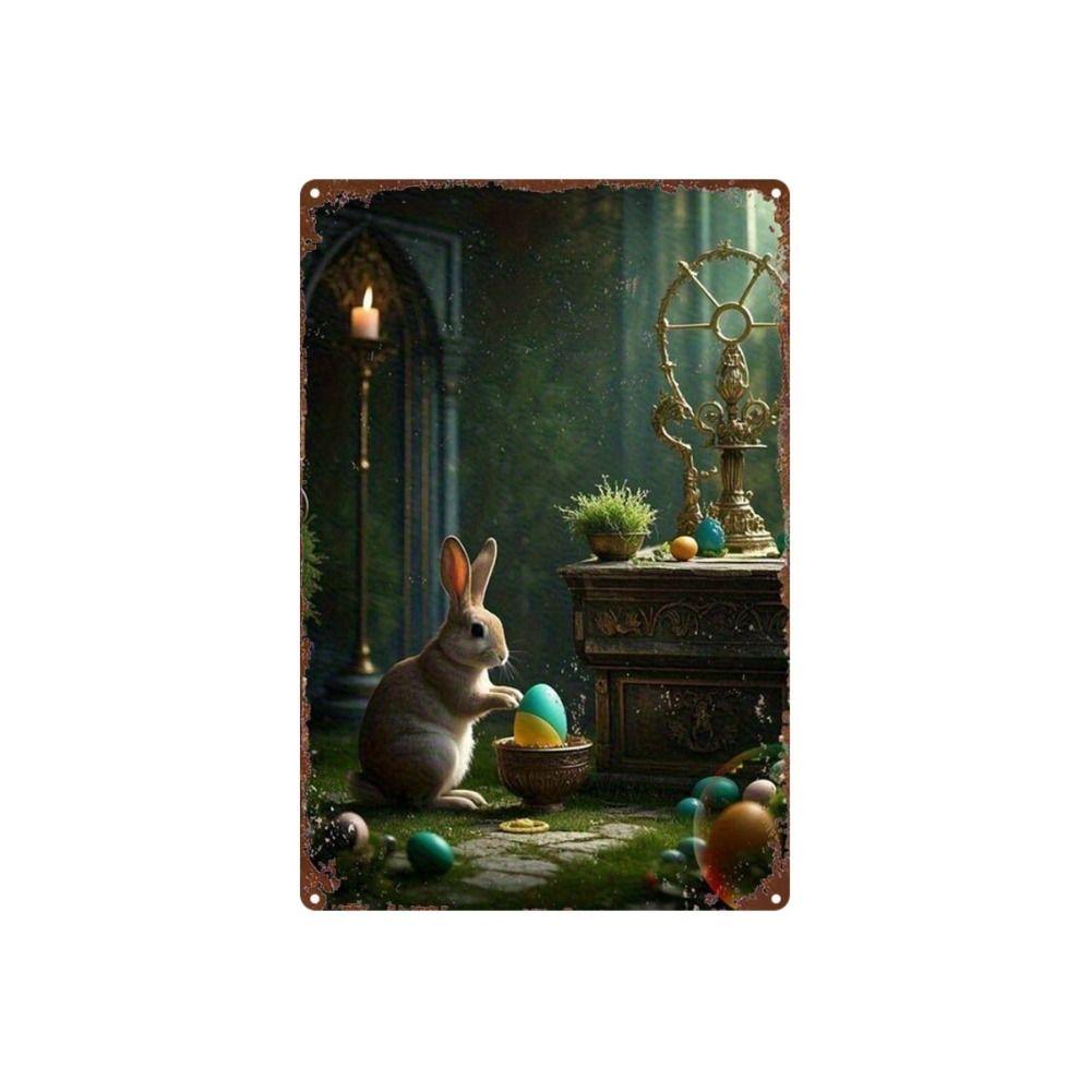 Tin Sign Retro Easter Rabbit Floral Wall Art Home Holiday Decor Metal Poster