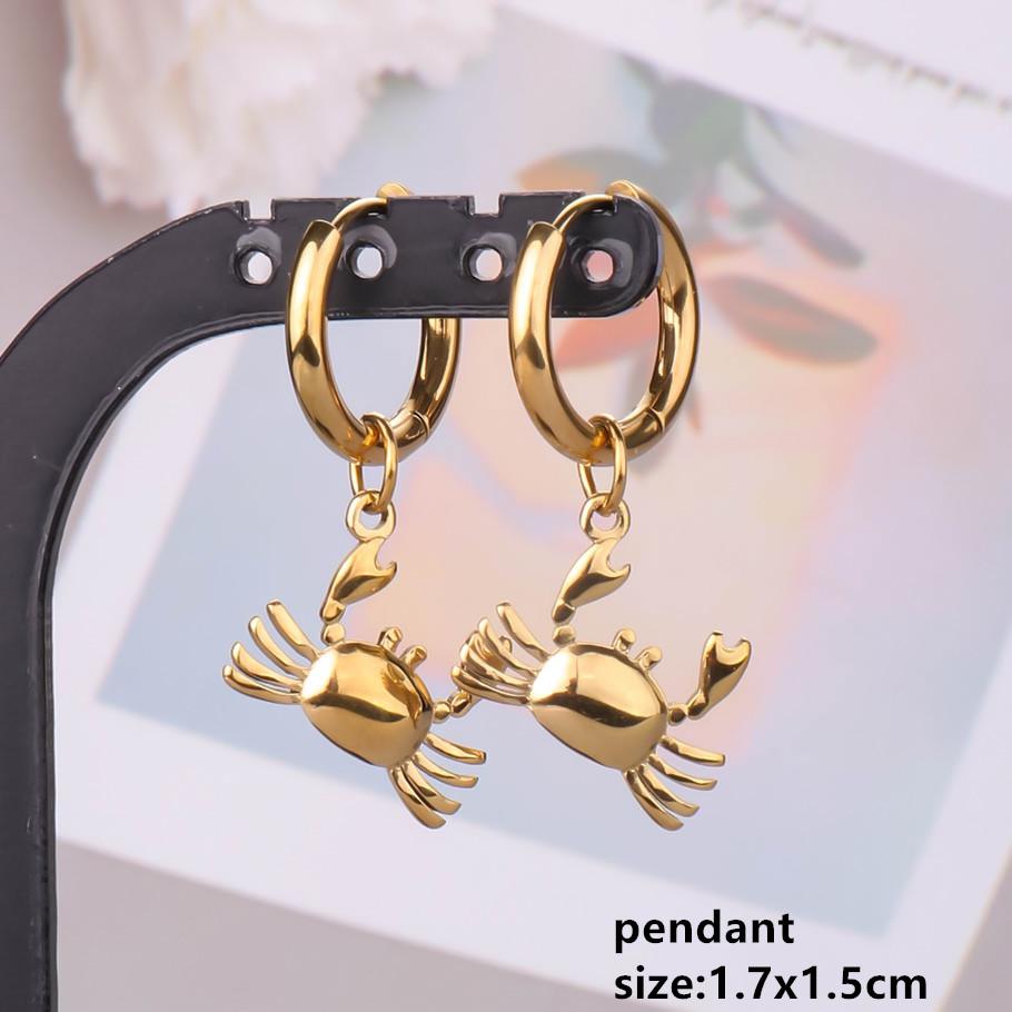 Gold Color Animal Pendant Earring Cute Sea Turtle Fish Tail Crab Stainless Steel Hoop Earrings for Women Men Accessories Jewelry