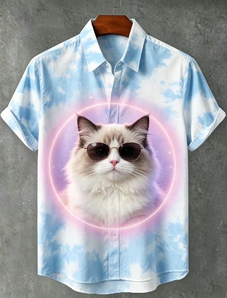 Men's Tie Dye Neon Animal Print Short Sleeve Shirt, Suitable For Street style, Daily Casual And Summer Wear