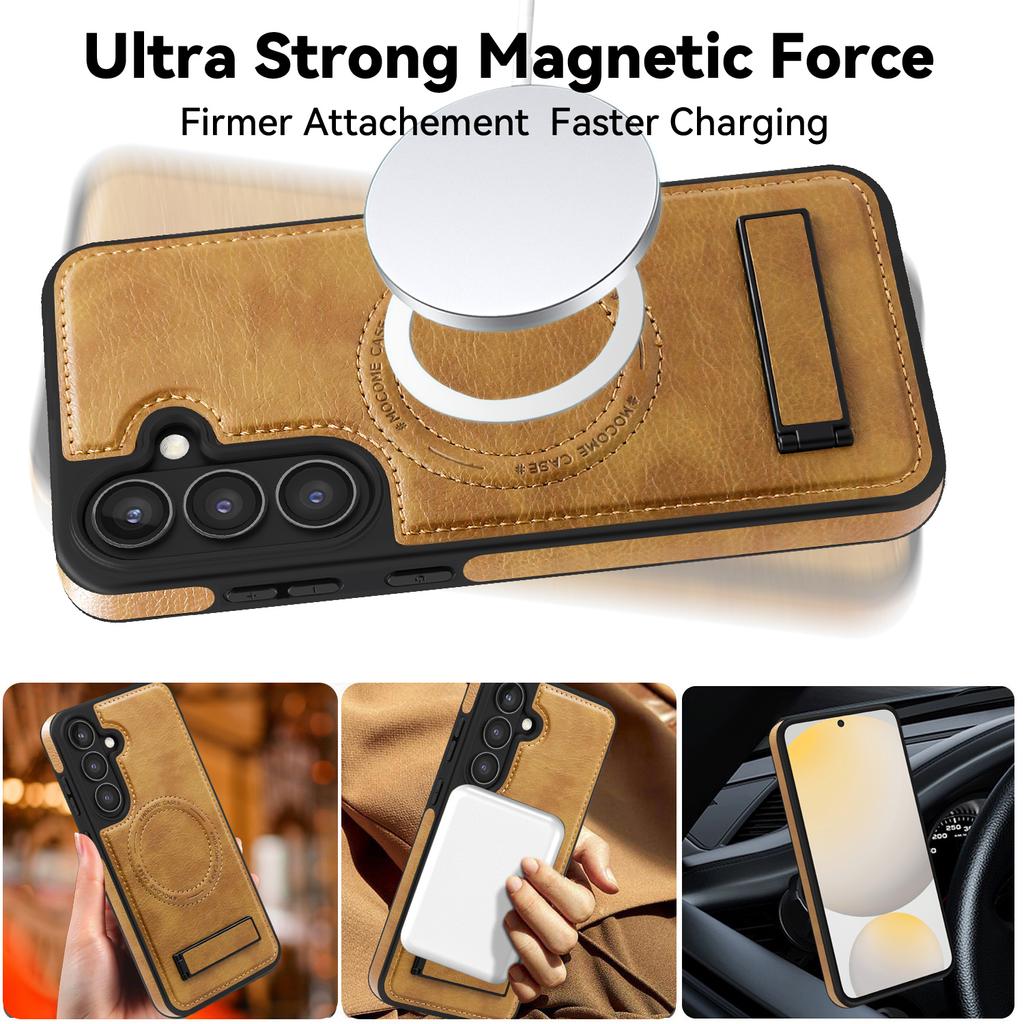 For Samsung Galaxy S24 FE Case Compatible with MagSafe Kickstand Leather Phone Back Cover