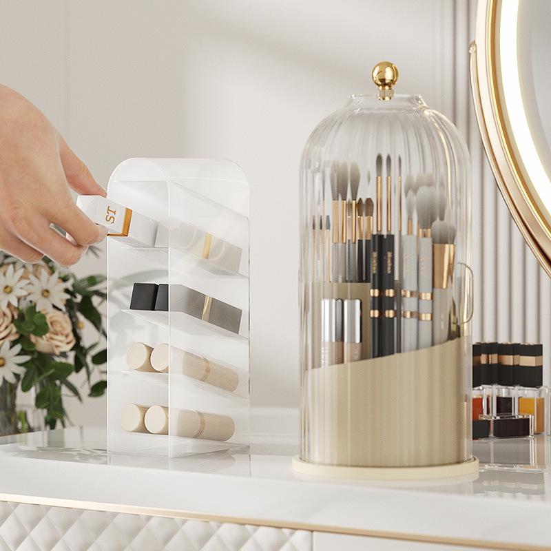 Rotatable Transparent Cosmetics Organizer: Dustproof Makeup Brush Holder & Lipstick Rack