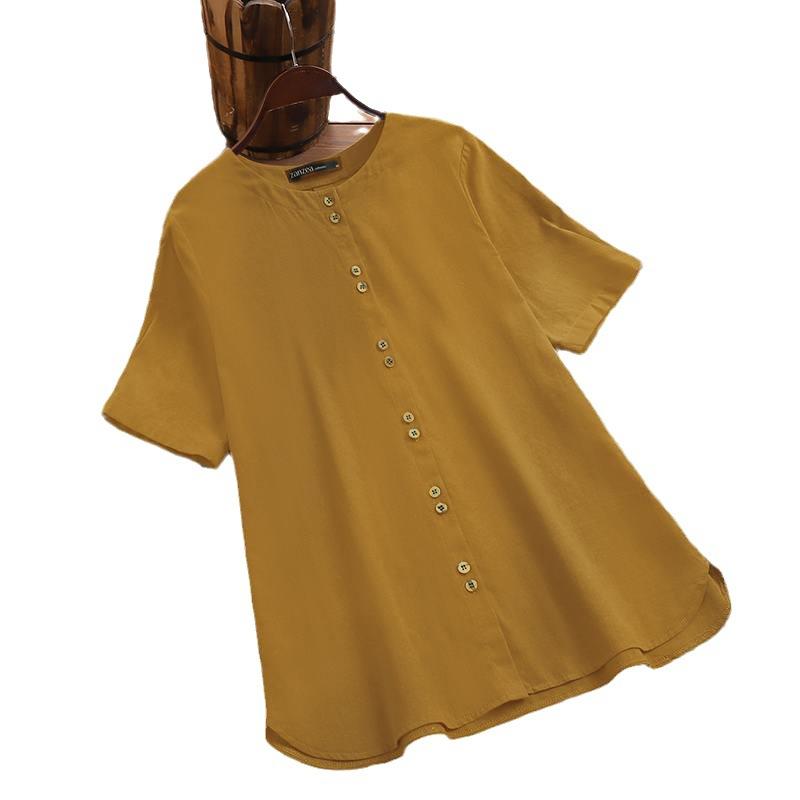 Summer Casual Loose Tunic Tops Women Vintage OL Shirt O Neck Short Sleeve Blouse Solid Cotton Blusas Buttons Down Chemise