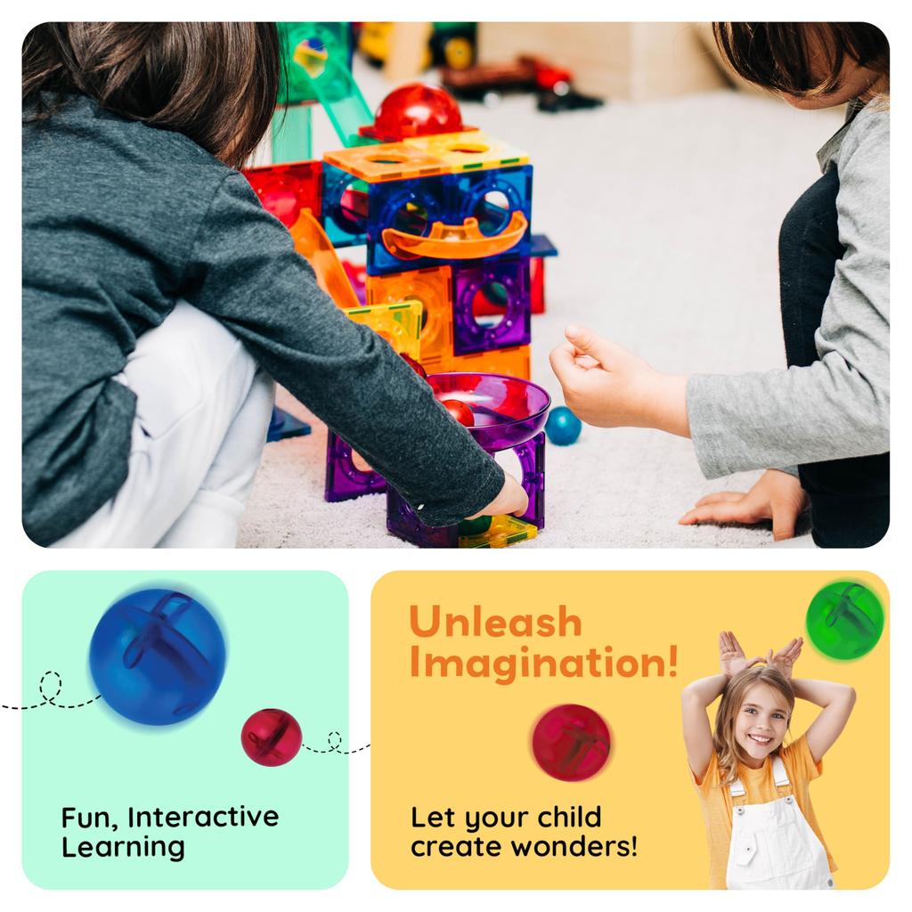 PicassoTiles Marble Run Magnetic Tiles 100 Pieces Race Track Toy STEM Building Learning Education Magnetic Building Kids Educational Kit for Boys