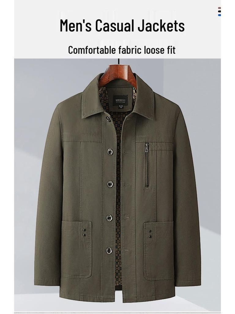 Men's Mid-length Cotton Jacket: Spring/Autumn, Lapel, Button-up, Dad Style, Plus Size for Middle-aged/Elderly