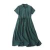 Cotton and Linen Shirt Dress Summer New Arrival Women's Flip + V-neck Buttons Pullover Short Sleeve Shoelace Waist Midi Dress 29071