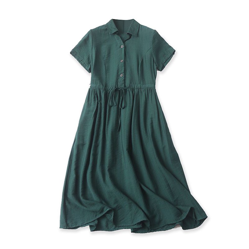Cotton and Linen Shirt Dress Summer New Arrival Women's Flip + V-neck Buttons Pullover Short Sleeve Shoelace Waist Midi Dress 29071