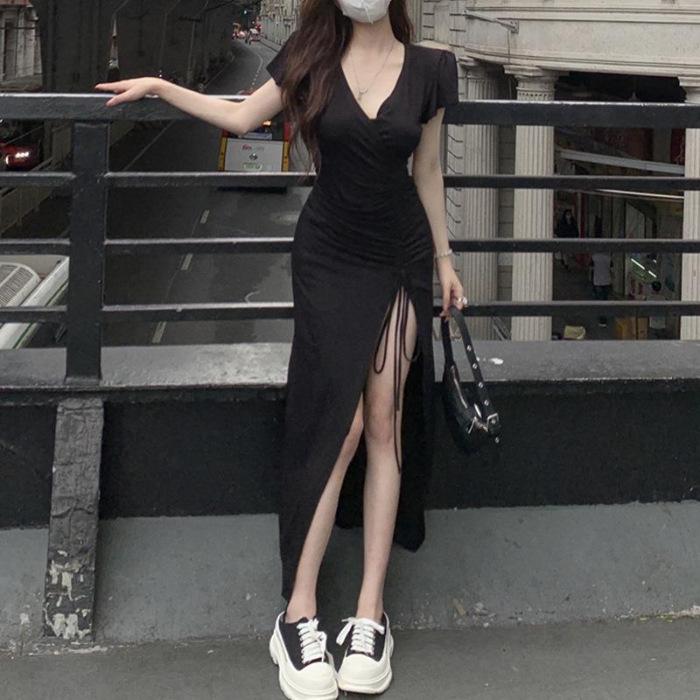 

Pleated v-neck dress summer new waist thin drawstring sexy split fork foreign style hip wrap long skirt XL чорний