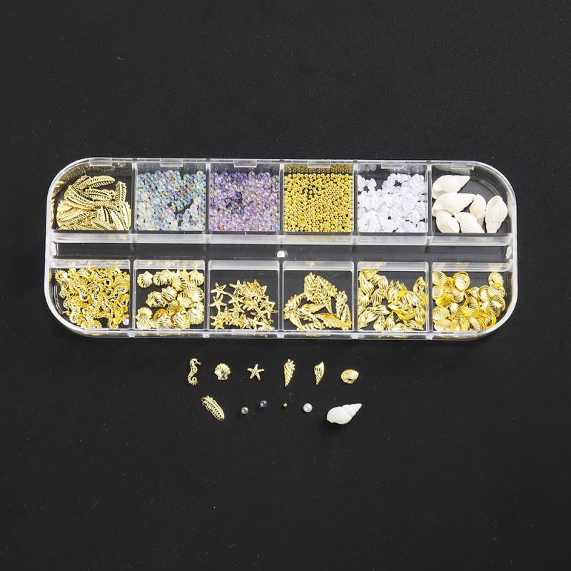 1 Box Metal Summer Ocean Nail Art Charms 3D Shell Starfish Seahorse Pearl Beads Alloy Nail Jewelry Mixed Manicure Studs Decor