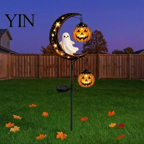 Holiday Seasonal Lawn Decor Solar Halloween White Ghost Pumpkin Moon Garden Stake Light, Waterproof LED Creative Gifts for Home Yard Decoration,